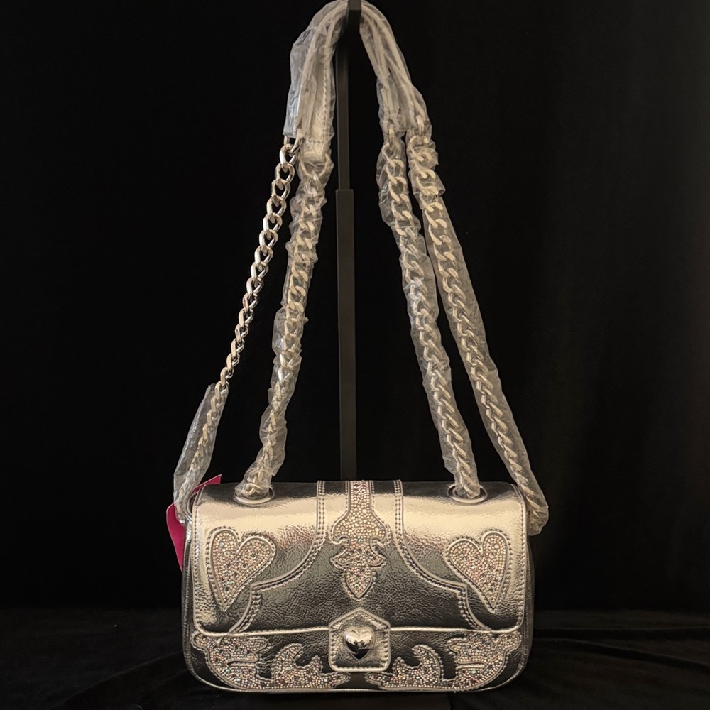 Betsey Johnson Silver Heart-Embellished Shoulder Bag
